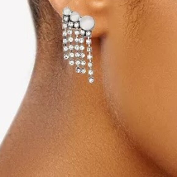 VERA WANG Mod/Contemporary Silver Disc Clear Crystal Chains Crawler Earrings~NEW - Picture 2 of 2